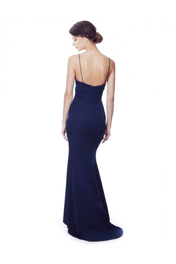 Outlet Stretch Crepe Navy Blue Sleeveless Mermaid Open Back Maxi Evening Dress UK