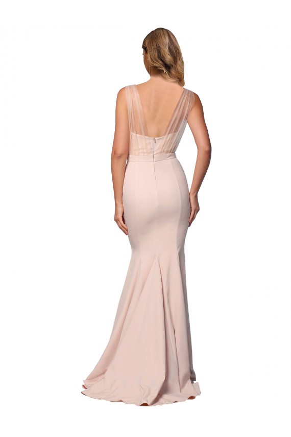 Outlet Stretch Crepe & Tulle Nude Sleeveless Sheath Low Back Evening Dress UK