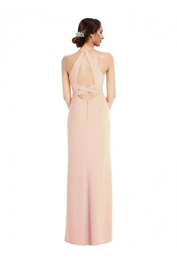 Outlet Stretch Crepe Nude Sleeveless Trumpet Open Back Maxi Evening Dress UK