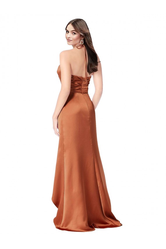 Outlet Silky Satin Orange Sleeveless A-Line Low Back Evening Dress UK