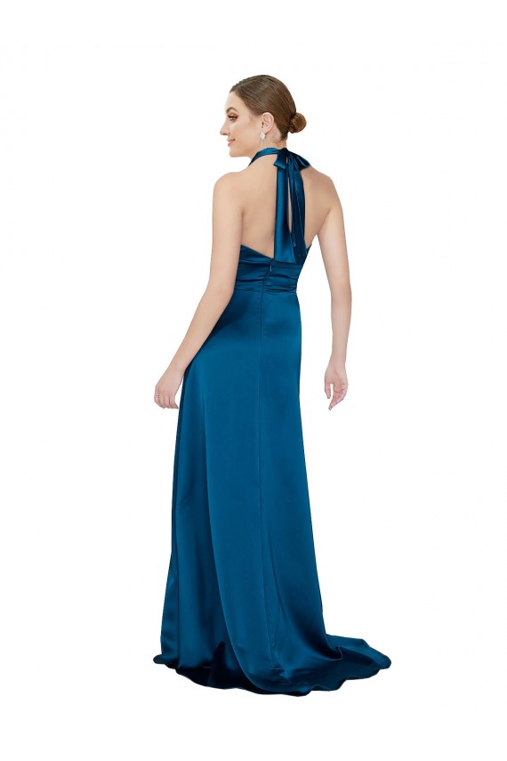 Outlet Silky Satin Peacock Blue Sleeveless A-Line Open Back Evening Dress UK