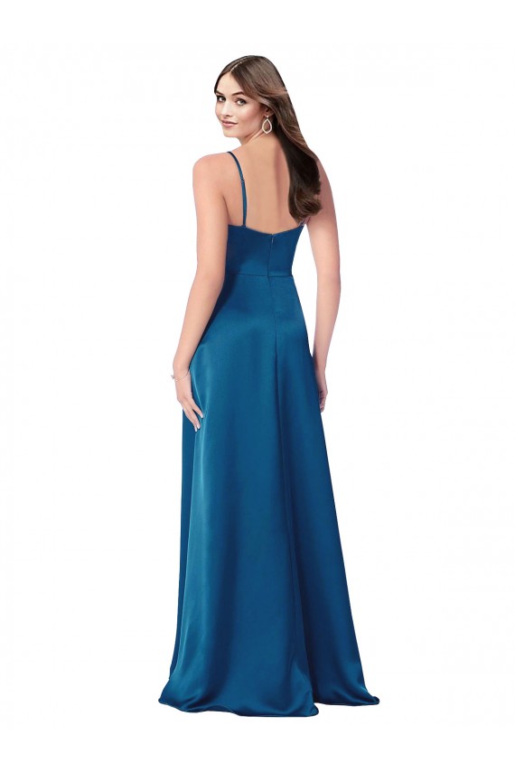 Outlet Silky Satin Peacock Blue Sleeveless A-Line Low Back Evening Dress UK