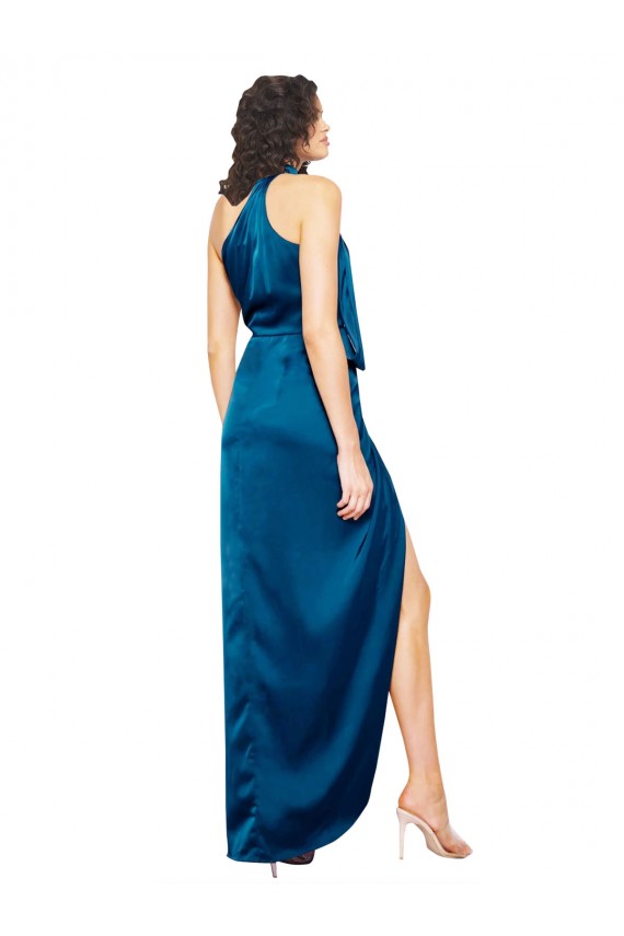 Outlet Silky Satin Peacock Blue Sleeveless Sheath Evening Dress UK