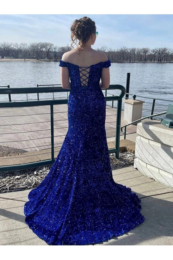 Outlet Velvet Sequin Royal Blue Sleeveless Sheath Off the Shoulder Evening Dress UK