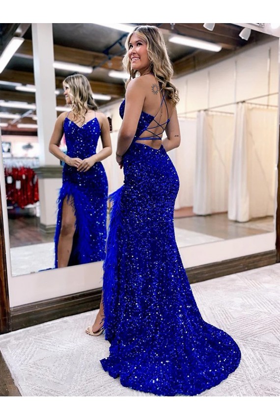 Outlet Velvet Sequin Royal Blue Sleeveless Sweep Train V-Neck Evening Dress UK