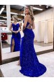 Outlet Velvet Sequin Royal Blue Sleeveless Sweep Train V-Neck Evening Dress UK