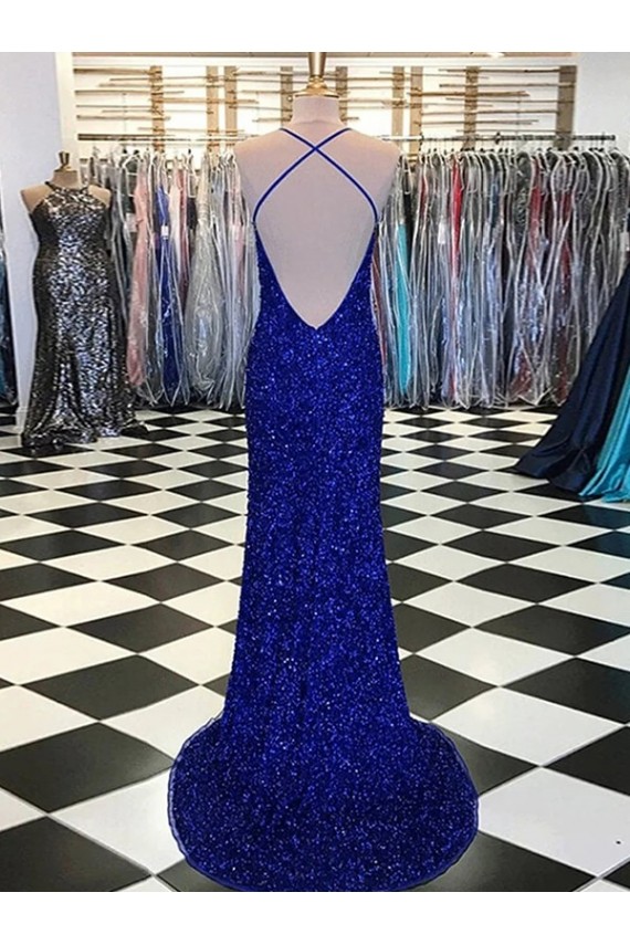Outlet Velvet Sequin Royal Blue Sleeveless Sheath V-Neck Evening Dress UK