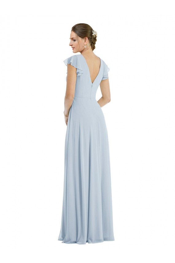 Outlet Soft Chiffon Sea Glass Flutter Sleeves A-Line V-Back Maxi Evening Dress UK