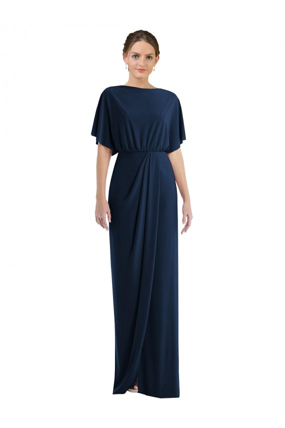 Outlet Spandex Dark Navy Short Sleeves Sheath Open Back Maxi Evening Dress UK