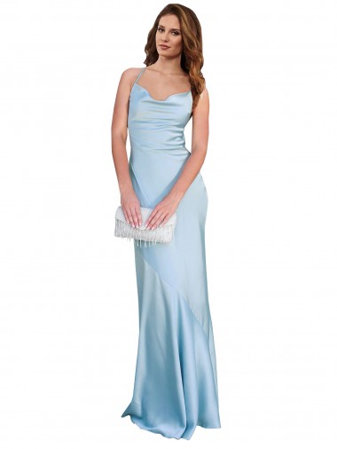 Outlet Silky Satin Light Sky Blue Sleeveless Sheath Open Back Evening Dress UK