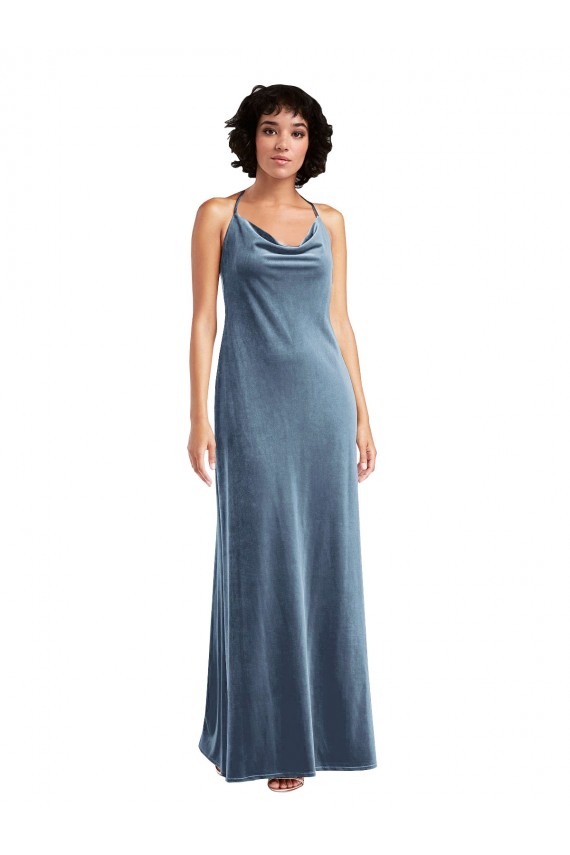 Outlet Stretch Velvet Dusty Blue Sleeveless Sheath V-Back Maxi Wedding Party Dress UK
