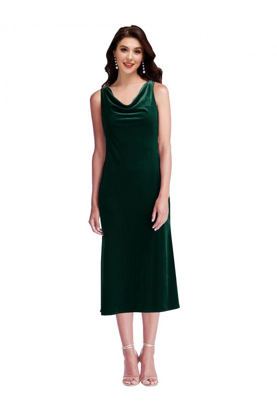 Outlet Stretch Velvet Dark Green Sleeveless Sheath V-Back Maxi Evening Dress UK