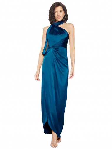 Outlet Silky Satin Peacock Blue Sleeveless Sheath Evening Dress UK