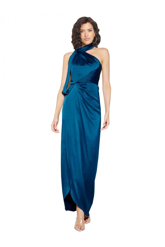 Outlet Silky Satin Peacock Blue Sleeveless Sheath Evening Dress UK