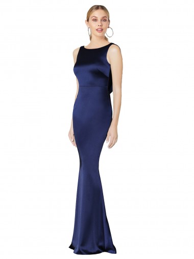 Outlet Stretch Satin Dark Navy Sleeveless Sheath Low Back Evening Dress UK