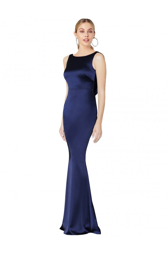 Outlet Stretch Satin Dark Navy Sleeveless Sheath Low Back Evening Dress UK