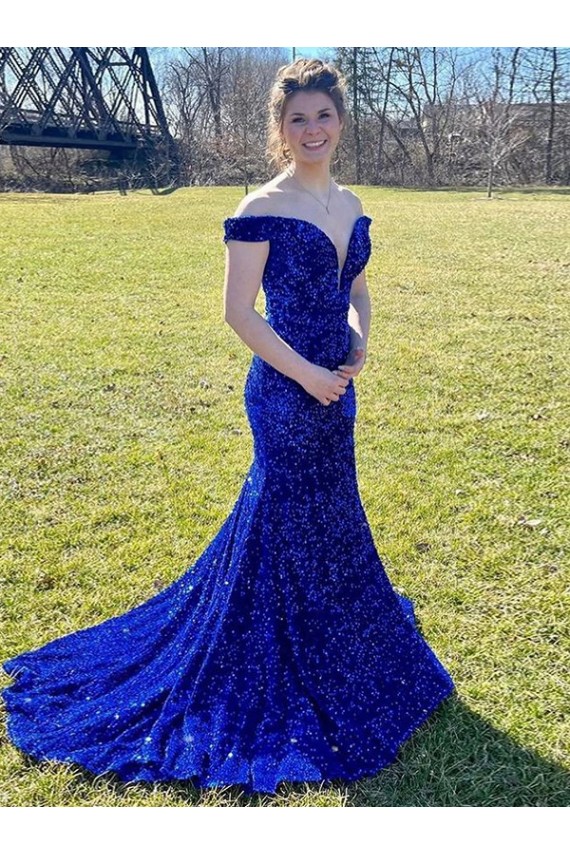Outlet Velvet Sequin Royal Blue Sleeveless Sheath Off the Shoulder Evening Dress UK