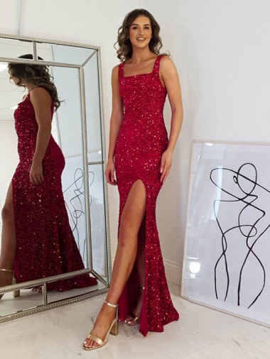 Outlet Velvet Sequin Burgundy Sleeveless Sheath Long Evening Dress UK
