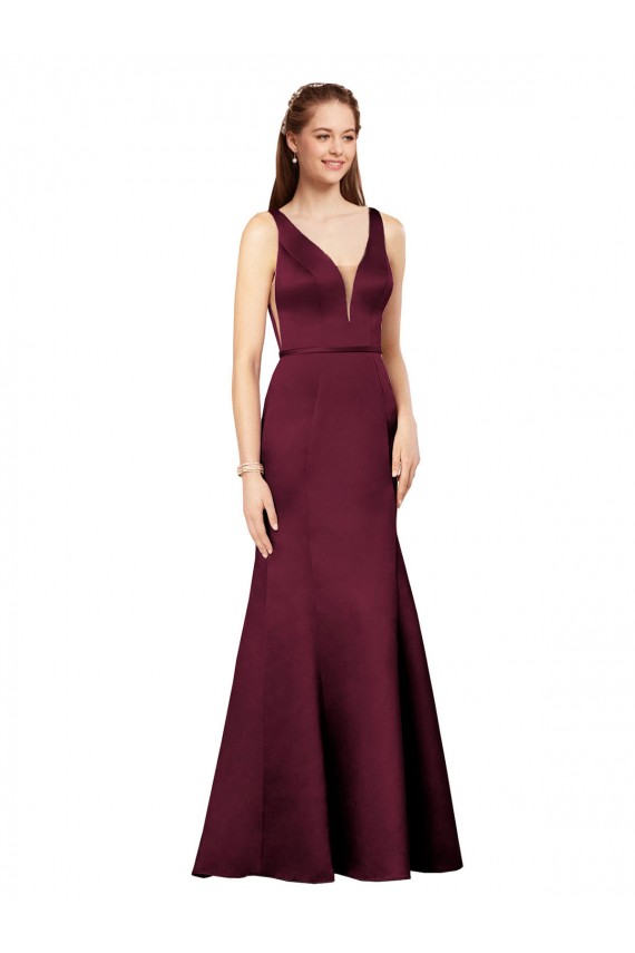 Outlet Satin Burgundy Sleeveless Sheath V-Back Evening Dress UK