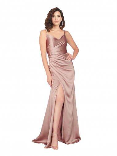 Outlet Silky Satin Dusty Pink Sleeveless Sheath V-Back Evening Dress UK
