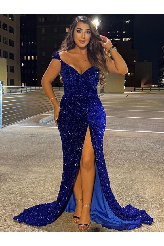Outlet Velvet Sequin Royal Blue Sleeveless Sweep Train V-Neck Evening Dresses UK