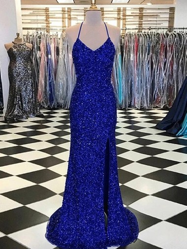 Outlet Velvet Sequin Royal Blue Sleeveless Sheath V-Neck Evening Dress UK