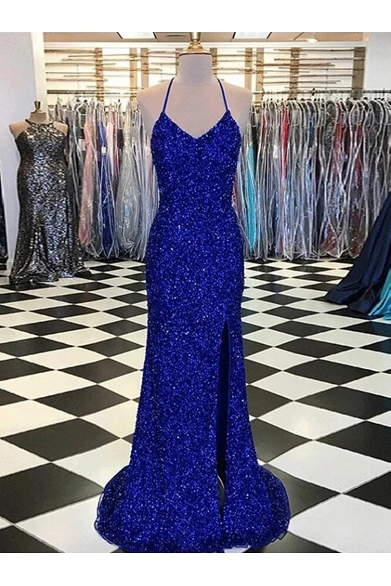 Outlet Velvet Sequin Royal Blue Sleeveless Sheath V-Neck Evening Dress UK