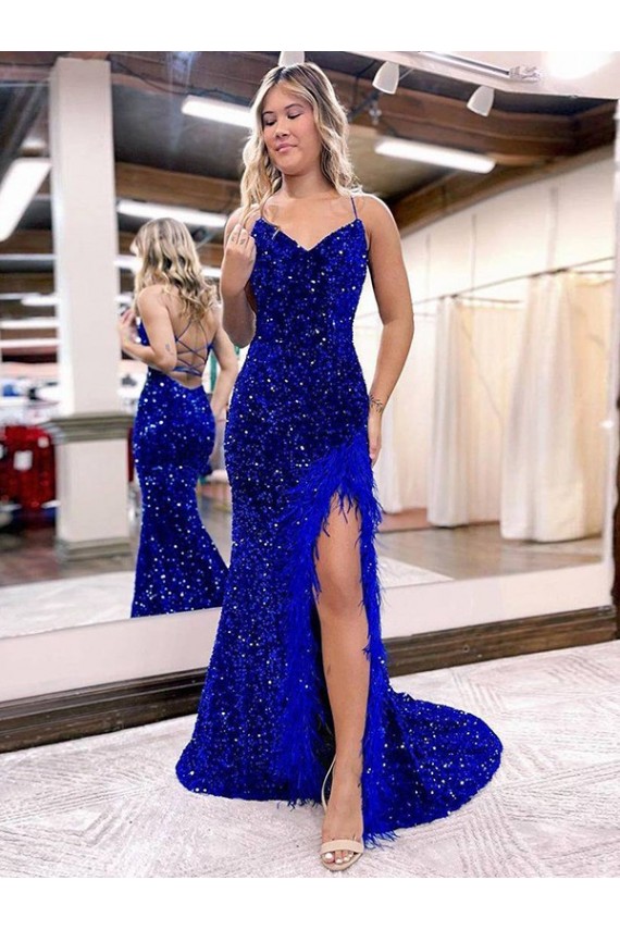 Outlet Velvet Sequin Royal Blue Sleeveless Sweep Train V-Neck Evening Dress UK