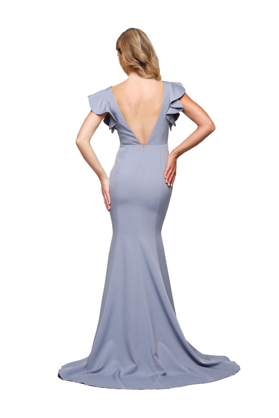 Outlet Stretch Crepe Smoke Blue Sleeveless Mermaid V-Back Evening Dress UK