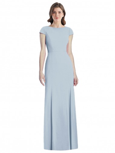 Outlet Stretch Crepe Light Sky Blue Cap Sleeves Trumpet Open Back Semi Formal Evening Dress UK