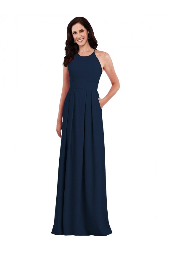 Outlet Stretch Crepe Dark Navy Sleeveless Trumpet Open Back Semi Formal Evening Dress UK