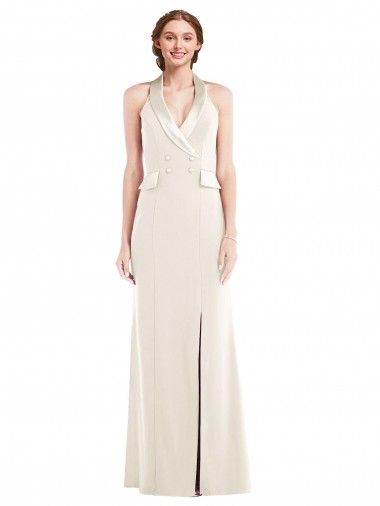 Outlet Stretch Crepe Ivory Sleeveless Trumpet Low Back Semi Formal Evening Dress UK