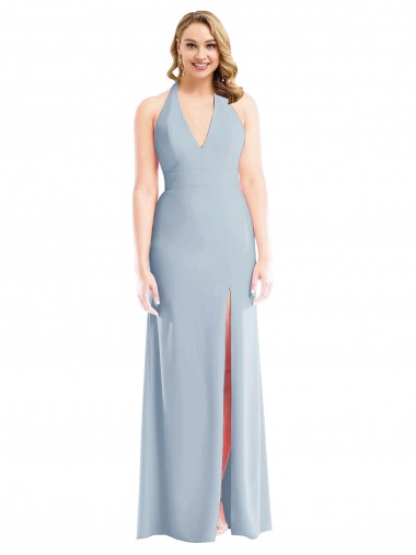 Outlet Stretch Crepe Light Sky Blue Sleeveless Trumpet Open Back Semi Formal Evening Gown UK