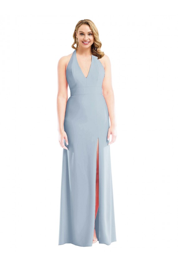 Outlet Stretch Crepe Light Sky Blue Sleeveless Trumpet Open Back Semi Formal Evening Gown UK