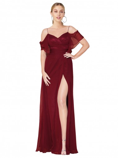 Outlet Soft Chiffon Burgundy Cold Shoulder Trumpet V-Back Evening Dress UK