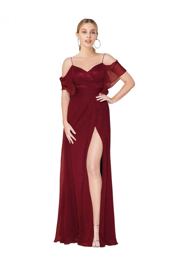 Outlet Soft Chiffon Burgundy Cold Shoulder Trumpet V-Back Evening Dress UK