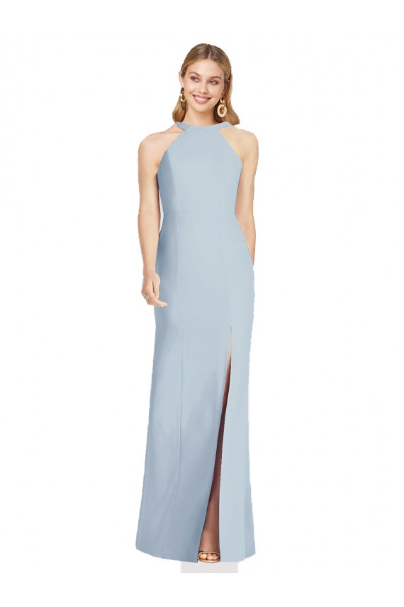 Outlet Stretch Crepe Light Sky Blue Sleeveless Trumpet Open Back Sexy Evening Dress UK