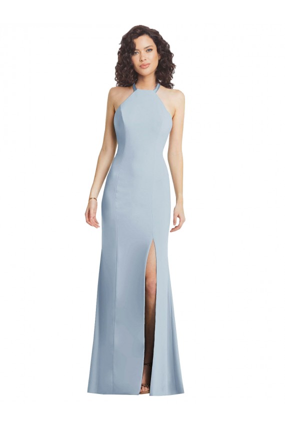 Outlet Stretch Crepe Light Sky Blue Sleeveless Trumpet Open Back Maxi Evening Dress UK