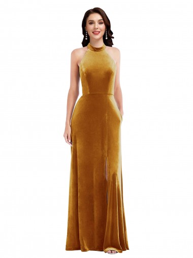 Outlet Stretch Velvet Gold Sleeveless Trumpet Keyhole Back Maxi Evening Dress UK