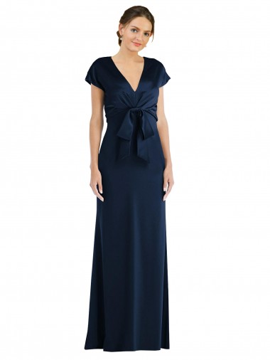 Outlet Stretch Crepe Dark Navy Cap Sleeves Trumpet Keyhole Back Evening Dress UK