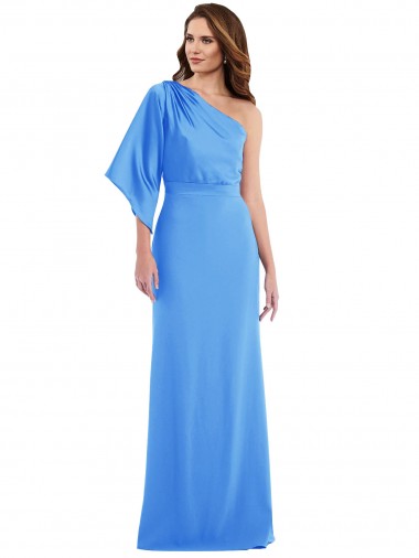 Outlet Stretch Crepe Peacock Blue Bell Sleeves Trumpet Semi Formal Evening Dress UK