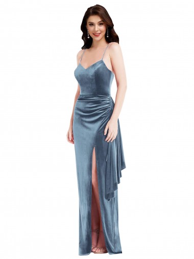 Outlet Stretch Velvet Dusty Blue Sleeveless Trumpet Low Back Maxi Evening Dress UK