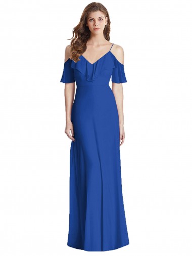 Outlet Soft Chiffon Royal Blue Cold Shoulder Trumpet V-Back Maxi Evening Dress UK