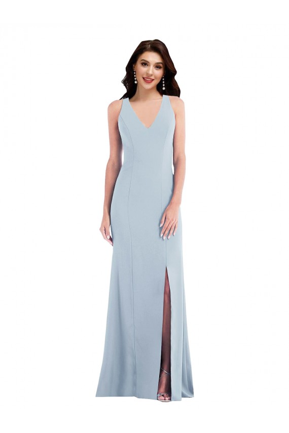 Outlet Stretch Crepe Light Sky Blue Sleeveless Trumpet Open Back Maxi Wedding Party Dress UK